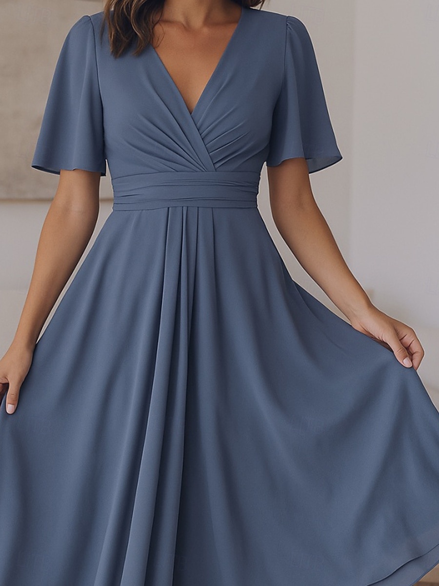 Dam Midiklänning Vardagsklänning Cocktail klänning Bröllopsgästklänning Chiffongklänningar Elegant Modern Mogna Utomhus Kontor Datum Normal Slät Kortärmad V-hals Blå Sommar 2025 - $31.99 –P1
