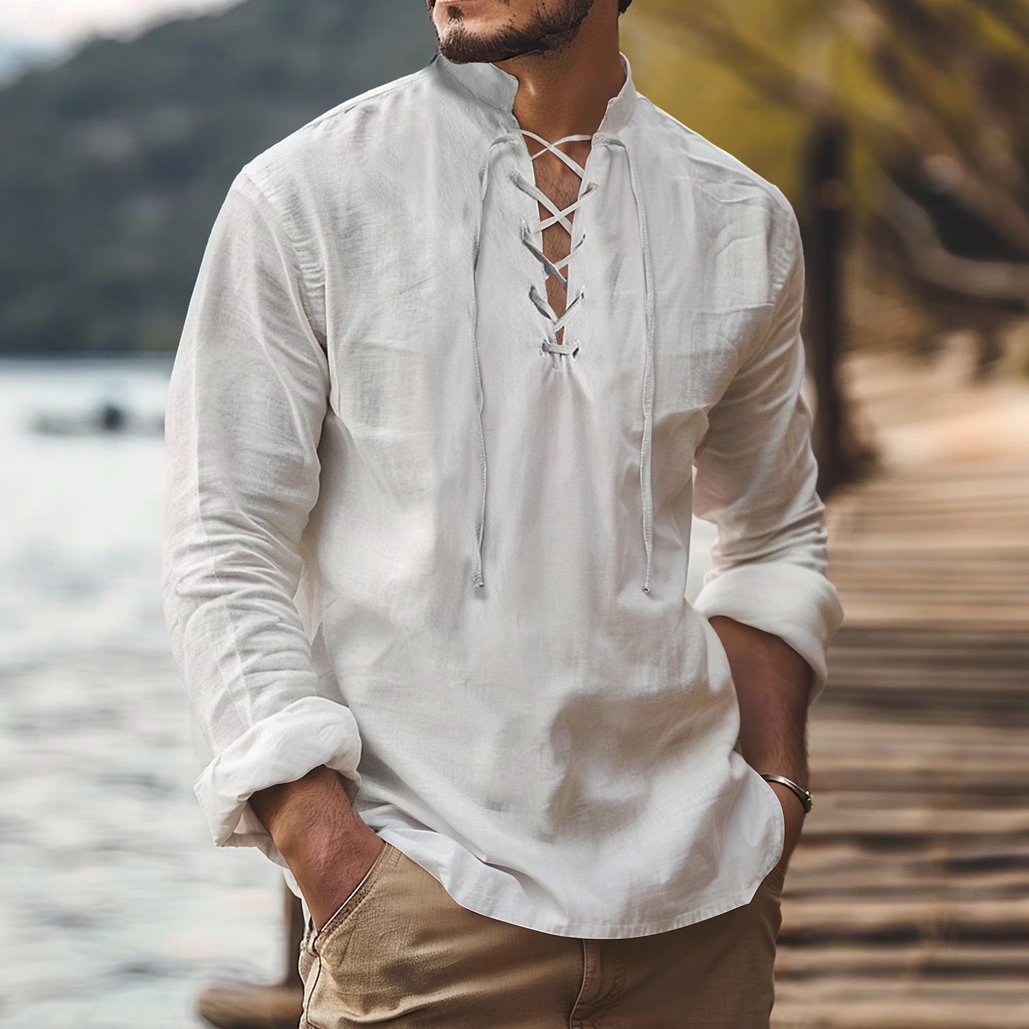 Per uomo Camicia Camicia di lino Stile vichingo Camicia Estiva Abbigliamento da spiaggia Camicia pirata Tinta unica Vacanza Ferie Bianco Blu marino Azzurro cielo Verde Manica Lunga Collo alla coreana del 2025 a $21.99 –P1