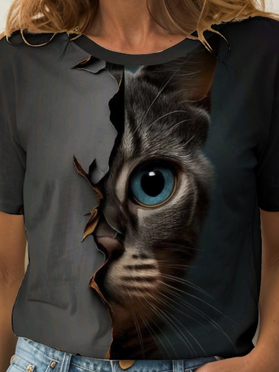 Women's T Shirt Graphic Animal Cat Vintage Stylish Classic Short Sleeve Crew Neck Round Neck Regular Tops Daily Weekend Print Sage Green Brown Summer Spring 2025 - $19.99 –P3
