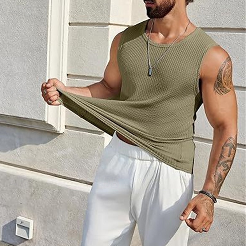 Herre Vest topp Underskjorte Ermeløs skjorte Ermeløs Crew-hals Sommer عادي Mote Designer Feriereise Gate Ut på byen Svart Hvit Navyblå Topp T-skjorte for menn 2025 - $14.99 –P10