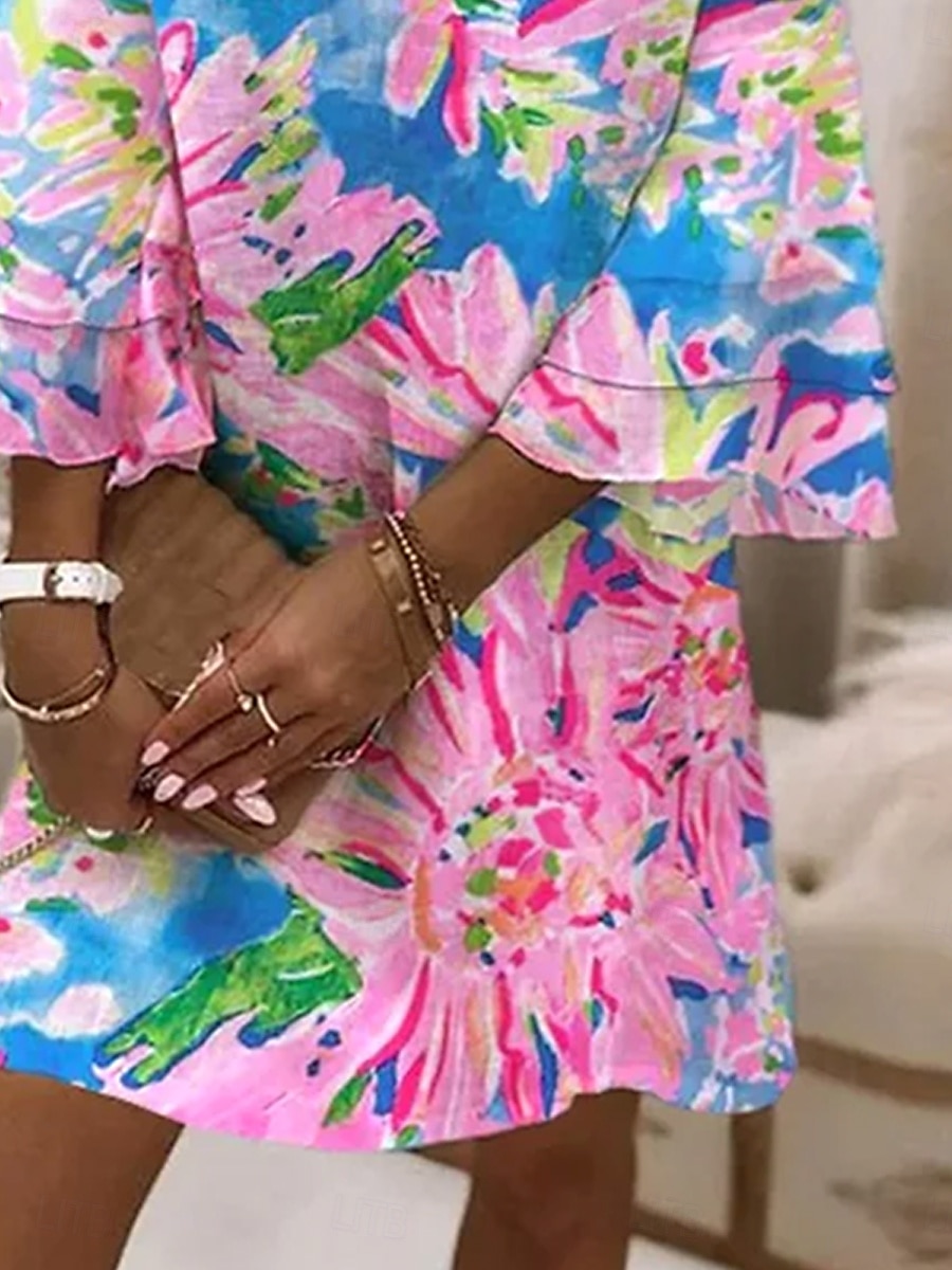 Per donna Mini Abito Vestito Estivo Abito a trapezio Vacanza Casual Boho Spiaggia Vestibilità regolare Ombre Floreale Grafico Manica 3/4 Scollo a V Colourful Rosa Azzurro cielo Blu inchiostro Estate del 2025 a $46.99 –P3
