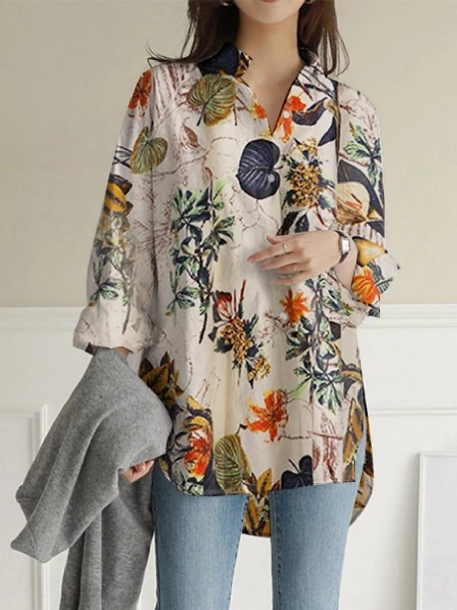 Per donna Camicia Floreale Elegante Moderno Casual Manica Lunga Collo a V Top Regolari Quotidiano Stampato Blu marino Viola Cachi Estate del 2025 a $22.99 –P1