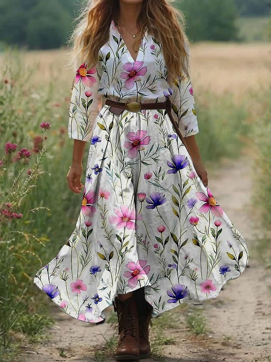 Per donna Abito Midi Abito a trapezio Vacanza Casual Boho All'aperto Uscire Spiaggia Vestibilità comoda Floreale Grafico Manica 3/4 Scollo a V Rosa Blu Arancione Verde Estate del 2025 a $35.99 –P1