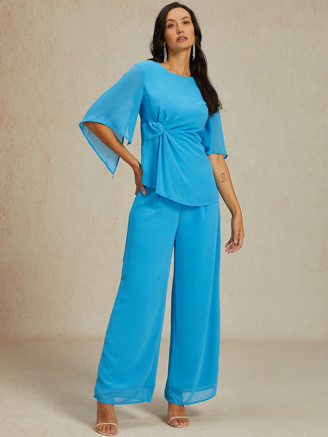 Women's Elegant Stylish Blouse Pants Trousers Half Sleeve Crew Neck Plain Ruched Wedding Guest Daily Blue Summer Regular Fit 2025 - $55.99 –P2