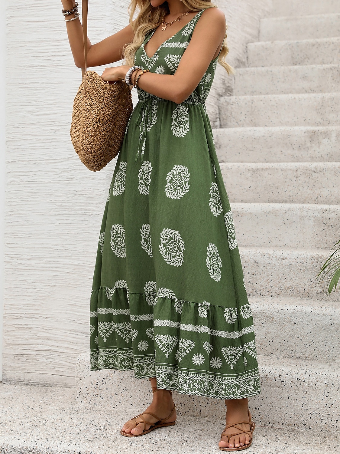 Dame Maxikjole Solkjole Kjole med A-linje Fit And Flare Dress Ferie Fritid Bohem utendørs Fest Ut på byen Normal Blomstret Grafisk Ermeløs V-hals Grønn Sommer 2025 - $34.99 –P4