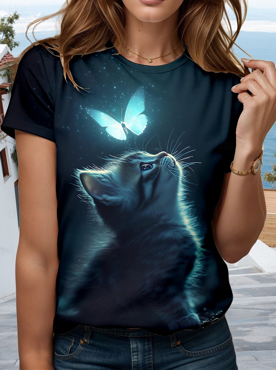 Women's T Shirt Graphic Animal Cat Stylish Classic Casual Short Sleeve Crew Neck Round Neck Regular Tops Daily Going out Weekend Print Navy Blue Summer Spring 2025 - $19.99 –P1