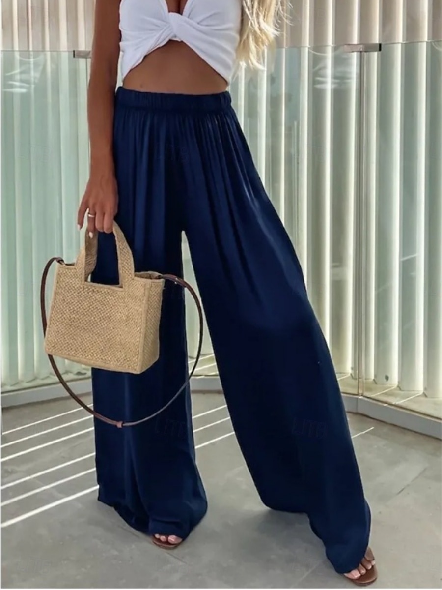 Mulheres Perna larga Calças Roupa de rua Casual Longas Cintura Alta Tecido Design de cordão elástico Corte alto Respirabilidade Macio Micro-Elástica Férias Rua Roupa Diária Preto Verde Claro Vermelho de 2025 por $17.99 –P4