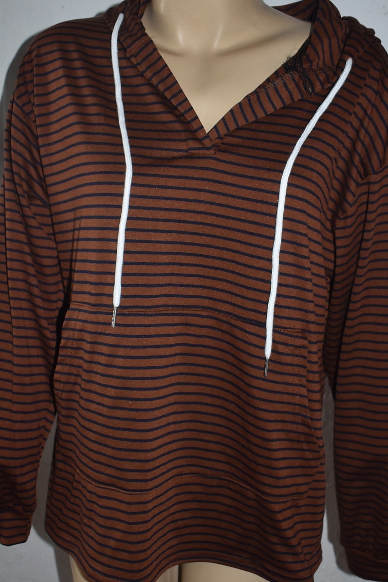 Dames Blouse Gestreept Casual Lange mouw Capuchon Normale tops Dagelijks Uitgaan Zak Wit Bruin Zomer 2025 - $19.49 –P8