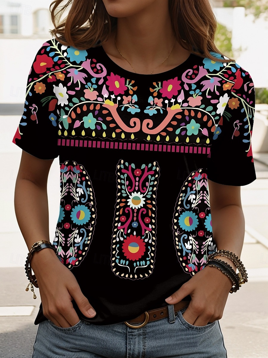 Pentru femei Tricou Floral Grafic Plante Boemia Epocă Έθνικ Manșon scurt Stil Nautic Topuri obișnuite Zilnic Ieșire Sfârșit de săptămână Imprimeu Negru Roz Îmbujorat Albastru Prăfuit Kaki Vară 2025 - $19.99 –P4