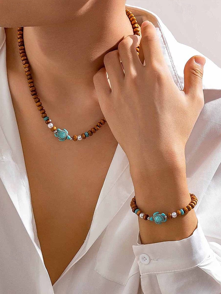 Men's Natural Wood Bead Turtle Necklace and Bracelet Set – Boho Beach Style Adjustable Jewelry for Summer Vacations and Casual Wear 2025 - $11.99 –P1