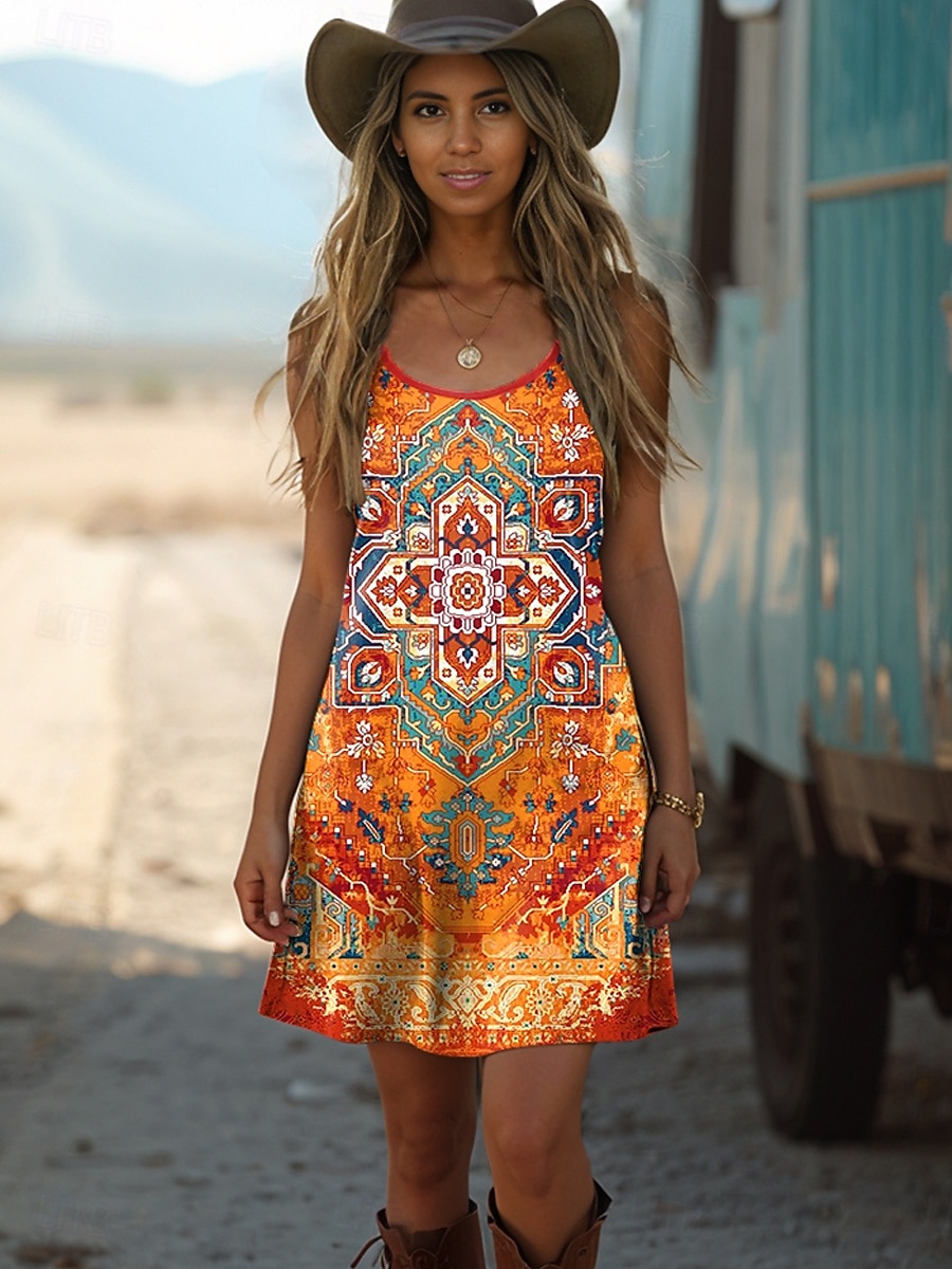 Pentru femei Rochie Mini Rochie A line Rochie de vară Vacanță Casual Boho Zilnic Potrivire Largă Grafic Tribal Fără manșon În U Portocaliu Vară 2025 - $21.99 –P2