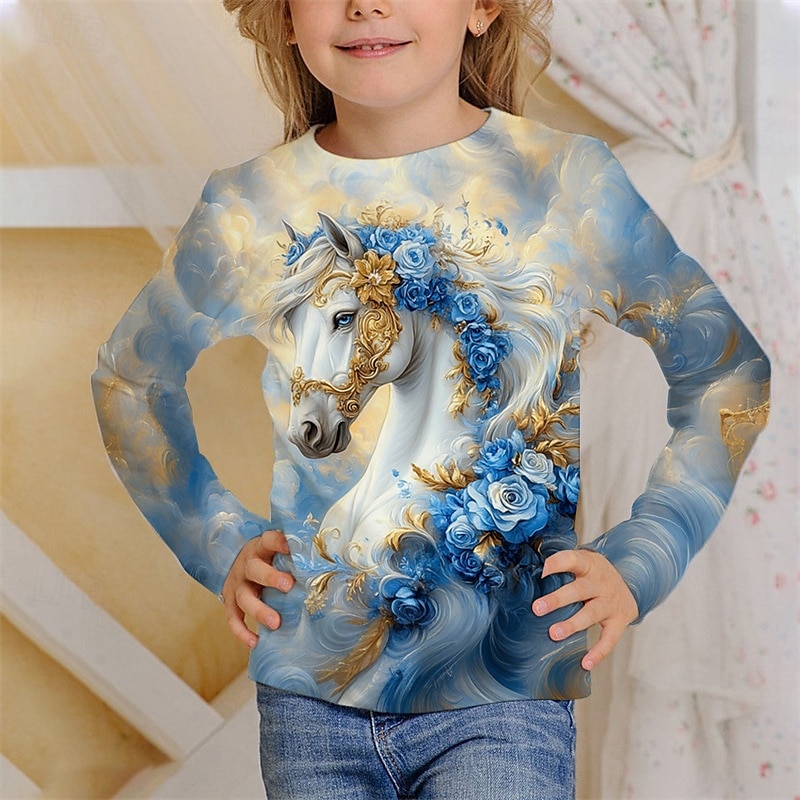 Ragazze 3D Animale Cavallo Maglietta Manica Lunga Primavera Autunno Moda Essenziale Bambini 4-12 Anni Girocollo All'aperto Casuale Quotidiano Vestibilità regolare del 2025 a $13.99 –P2