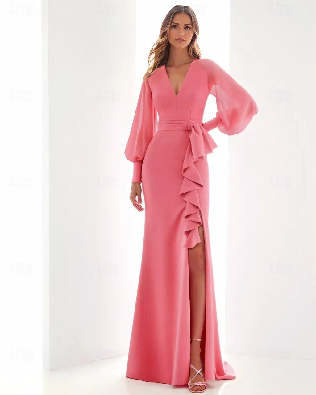 abito da sera rosa a trapezio elegante abito formale lungo fino al pavimento manica lunga scollo a V in chiffon con volant spacco farfalla 2025 del 2025 a $153.99 –P1