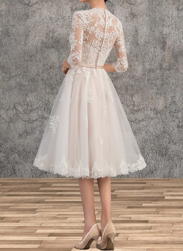 Mini Abiti Bianchi per Fidanzamento Abiti da Sposa A-Line Scollo a V Manica 3/4 Lunga Fino al Ginocchio in Raso con Fascia  Applicazioni del 2025 a $155.99 –P2