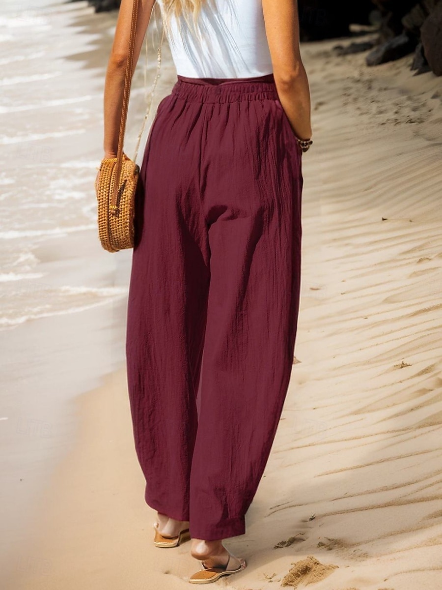 Women's Cotton Linen Pants Baggy Pants Solid Color Vintage Fashion Streetwear Full Length High Waist Plain Pocket Elastic Waistband Comfy Soft Comfortable Micro-elastic Outdoor Vacation Street 2025 - $22.99 –P12