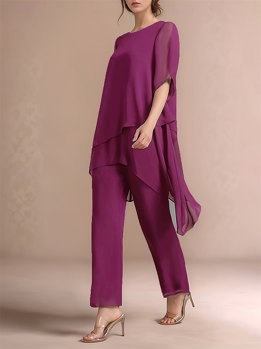 Ensemble de pantalon 2 pièces robe de mère de la mariée classique à col rond élégante en chiffon asymétrique à manches courtes avec une couleur unie de 2025 ? $79.99 –P7
