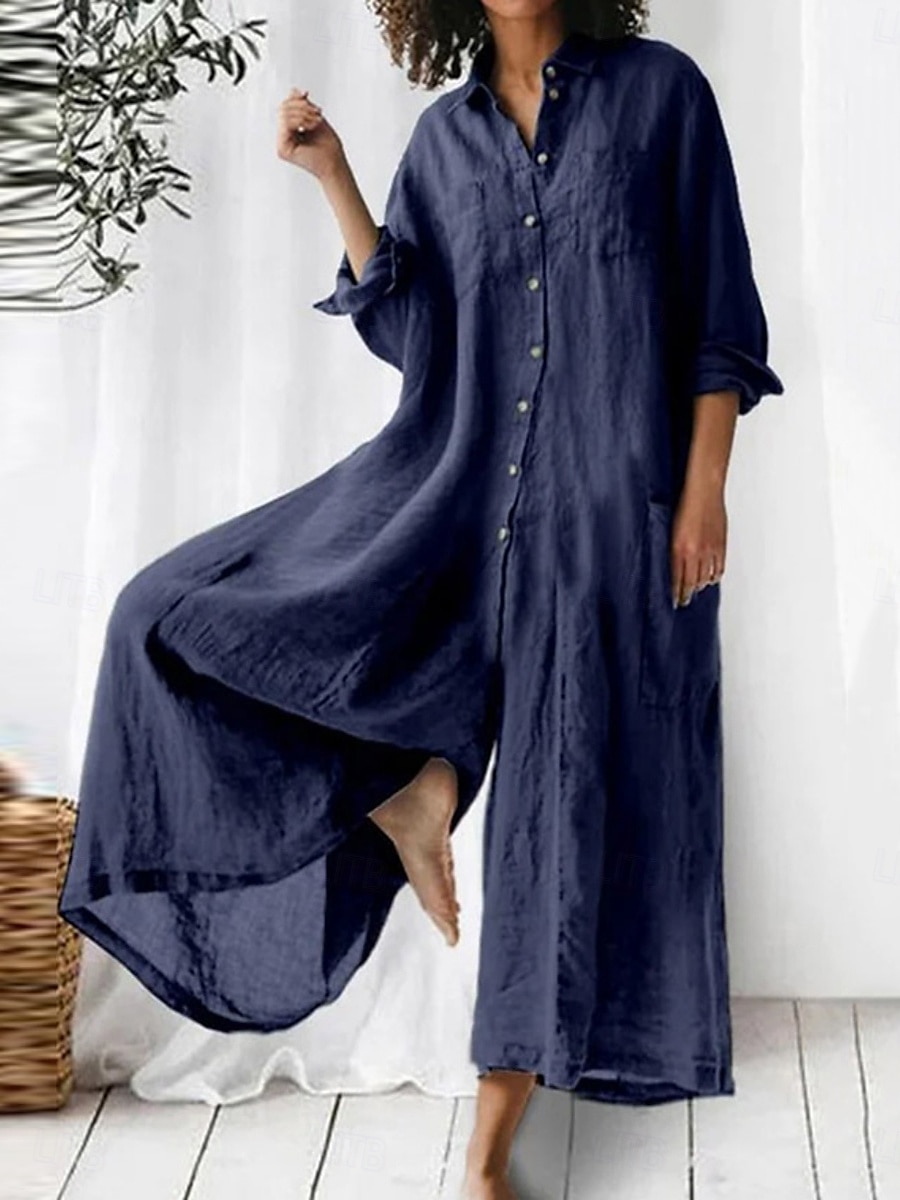 Damen Jumpsuit Aktiv Einfarbig Langarm Weit Bein Hemdkragen Knöpfe Tasche Urlaub Täglich Reguläre Passform Armeegrün Marineblau Khaki Sommer 2025 - $37.99 –P4