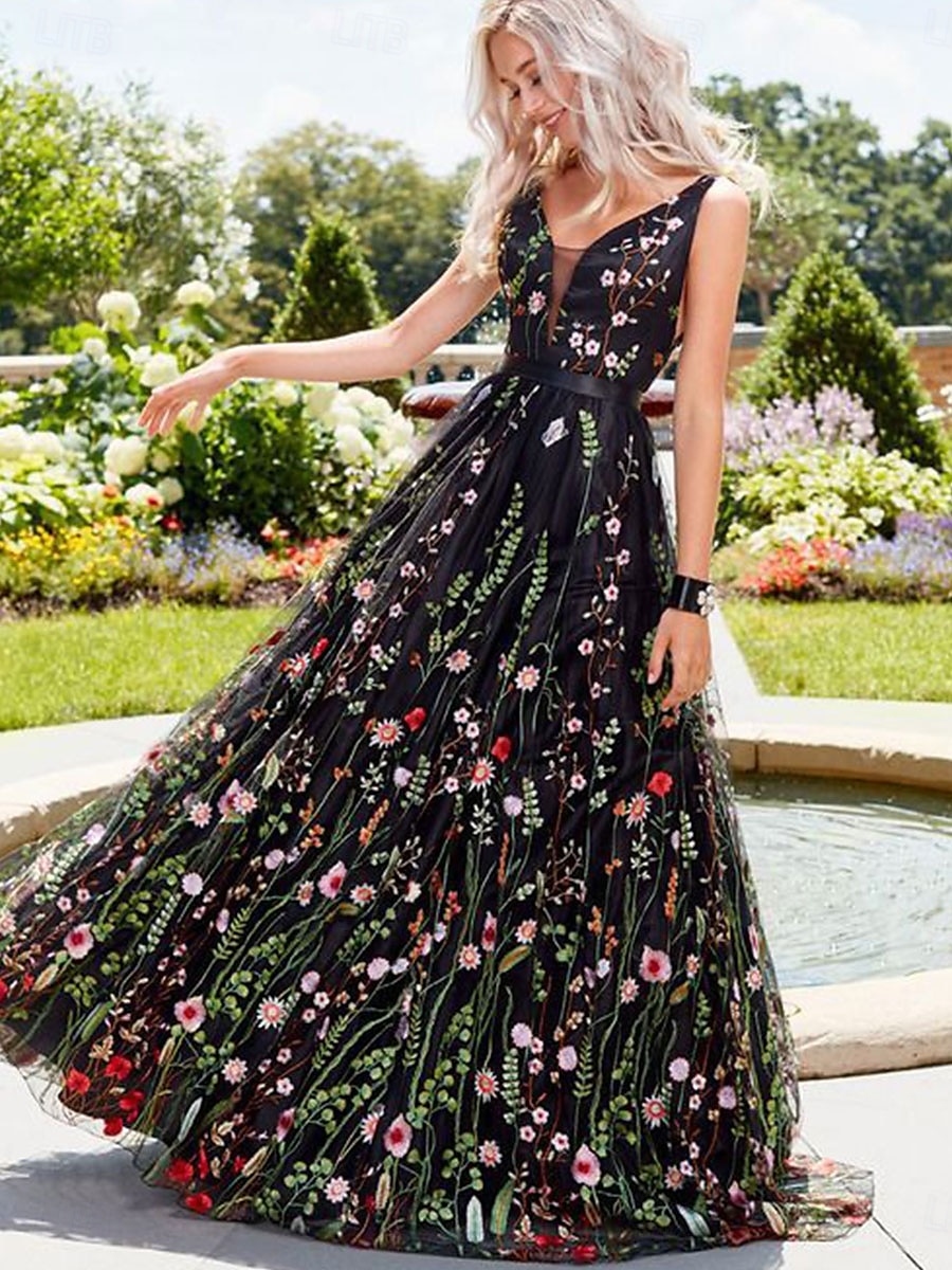 A-line quinceanera šaty elegantní šaty svatební šaty pro svatební hosty dlouhé šaty bez rukávů výstřih do V polyester bez zad s květinovým potiskem kde jsou sklady 2025 - $79.99 –P1