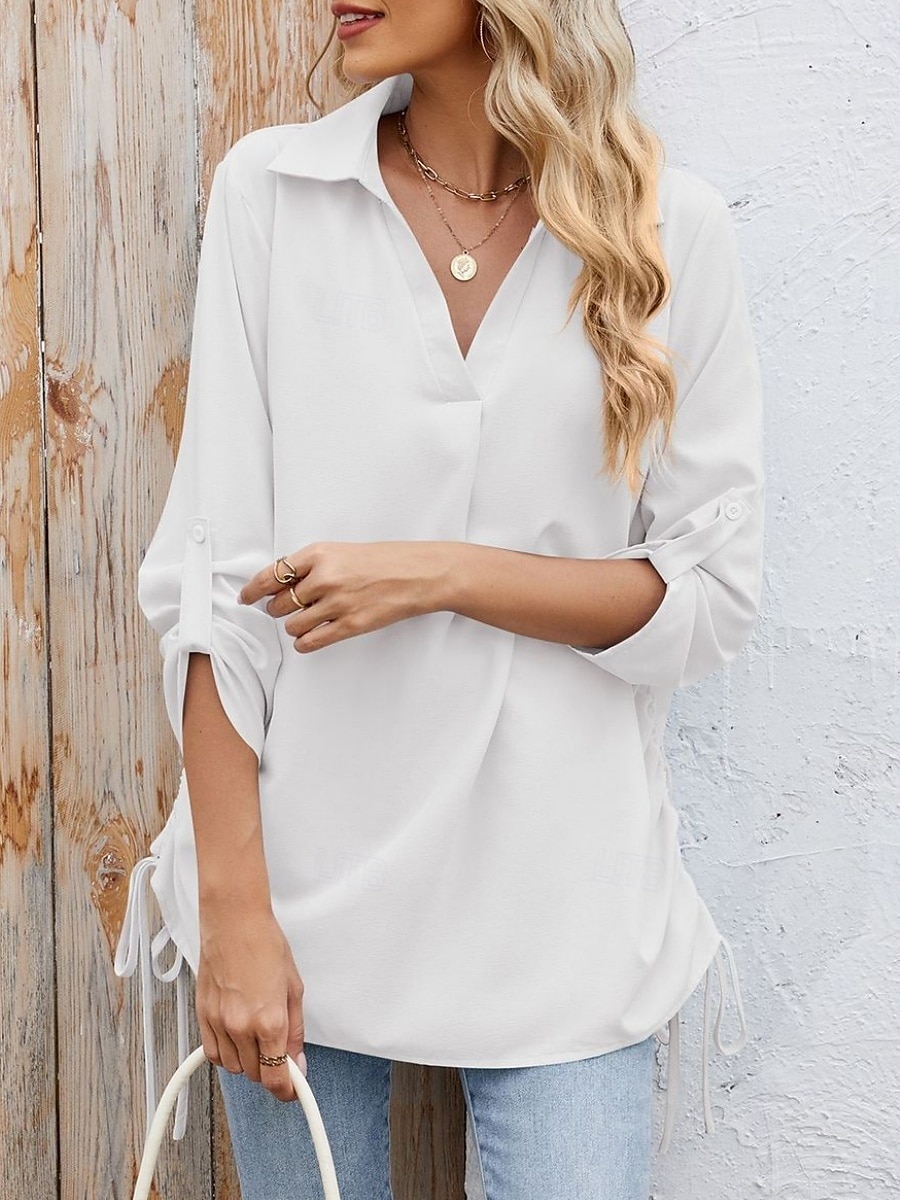 Dames Overhemd Blouse Effen Kleur Stijlvol Casual Lange mouw Overhemdkraag Normale tops Dagelijks Knop Zwart Wit Hemelsblauw Fuchsia Zomer Lente 2025 - $22.99 –P1
