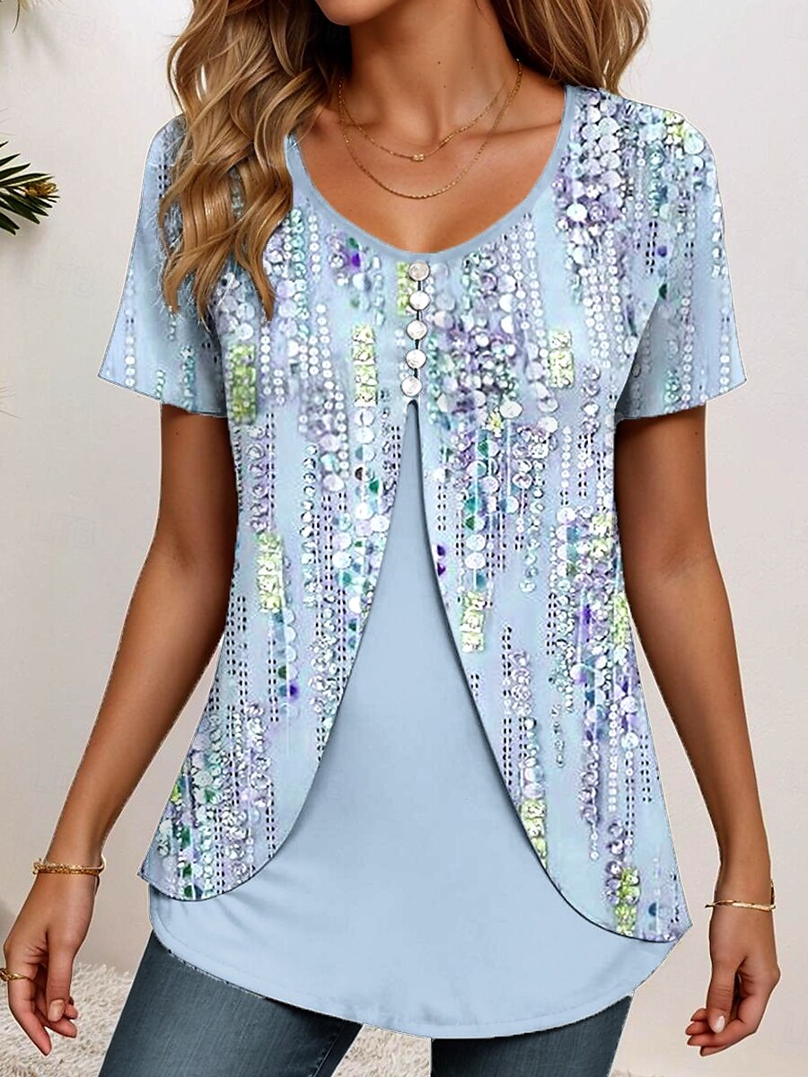 Dame T skjorte Blomstret Grafisk Elegant Årgang Stilfull Kortermet Crew-hals Rund hals Vanlige topper Daglig Ut på byen Lapper Knapper Lag-på-lag Lysegrønn Rosa Lyseblå Sommer Vår 2025 - $23.99 –P5