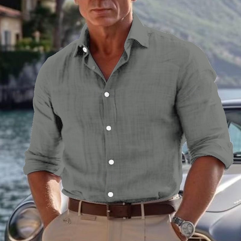 Voor heren Katoenen shirt Zwart Wit khaki Donkergrijs Licht Blauw Lange mouw Effen Revers Vakantie Kleding 100% katoen Modieus Casual Comfortabel 2025 - $27.99 –P5