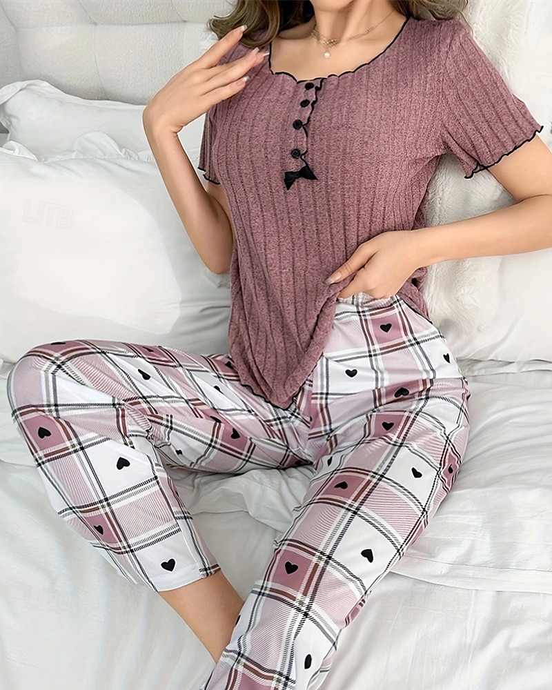 Dame Pyjamas Pyjamas Sett Varm Mote Fritid Gitter / Teppe Knapper T skjorte Bukse Hjem Daglig Seng Kortermet Crew-hals Lilla Sommer Vår Skreddersydd 2025 - $29.99 –P3