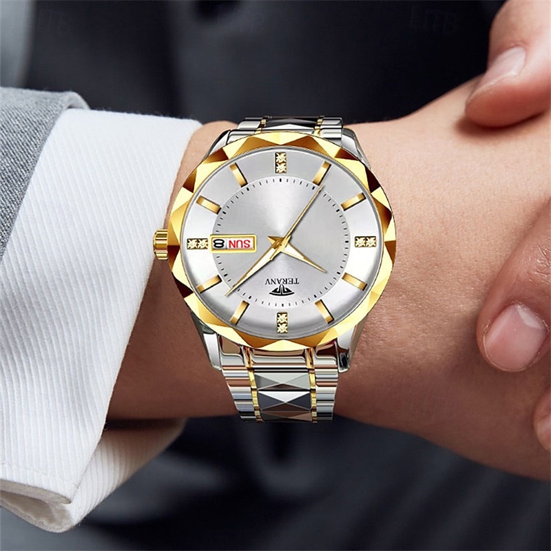 teranv-merkkinen muodikas miesten kvartsikello, jossa rombikuvioinen IPX7-vedenpitävä kaksoiskalenteri, valoisa teräsnauhakello, yrityskäyttöön 2025 - $12.99 –P6