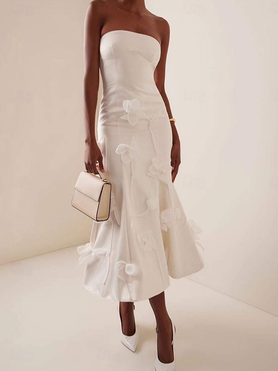Abiti da sposa con applicazioni floreali 3D abito da doccia per la sposa senza maniche lunghezza midi in satin sirena con colore solido del 2025 a $99.99 –P1