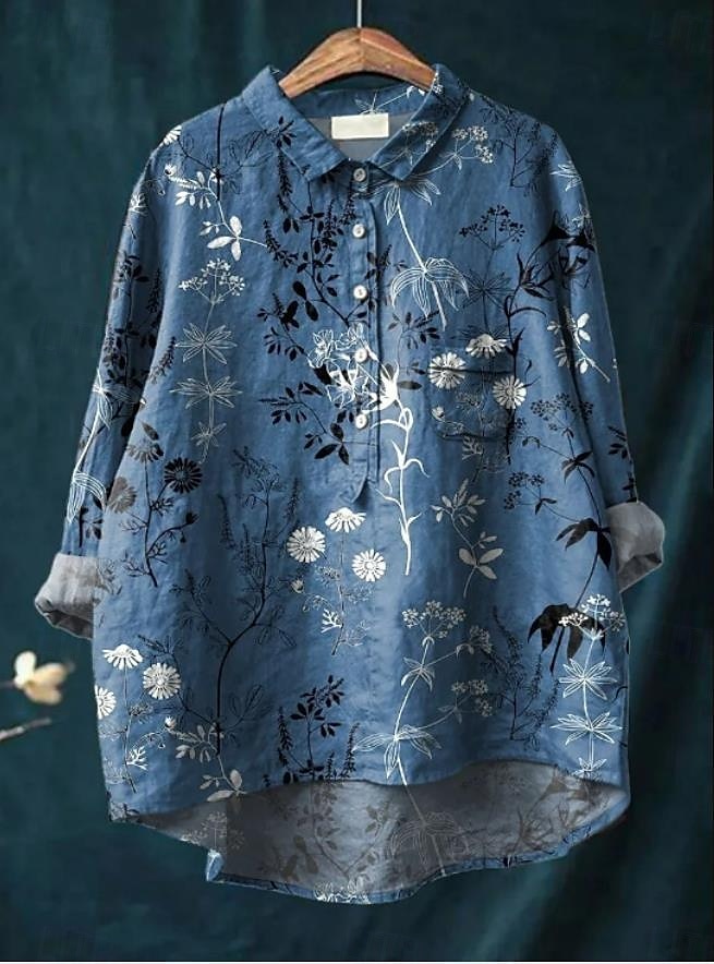 Dame Skjorte Blomstret Elegant Bohem Stilfull Langermet Crew-hals Vanlige topper Daglig Ferie Strand Klær Knapper Trykt mønster Blå Fuksia Grønn Beige Lyseblå Sommer Vår 2025 - $25.99 –P3