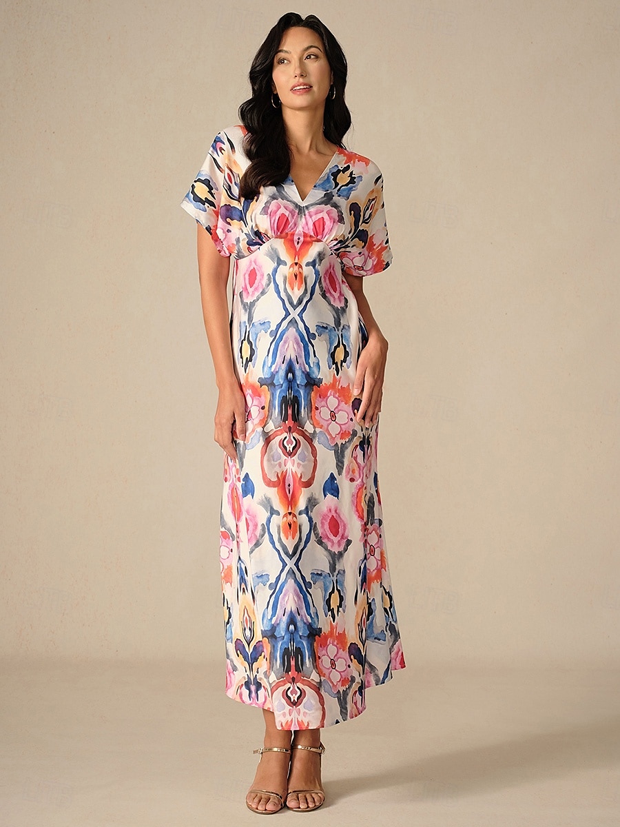 Dames Maxi-jurk Schede jurk Elegant Bruiloft Feest Normale pasvorm Grafisch Korte mouw V-hals Blozend Roze Lente 2025 - $59.99 –P3