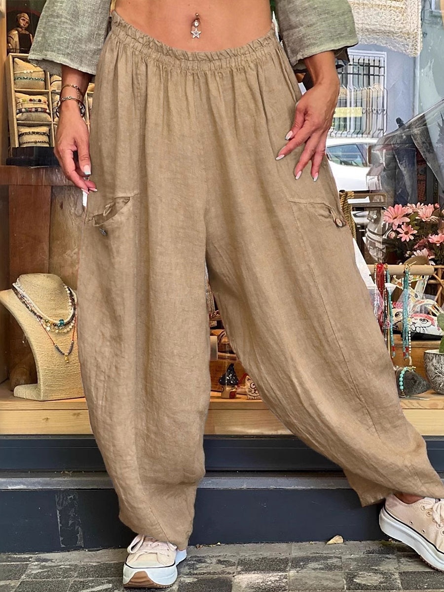 Calças Baggy Femininas de Pernas Largas de Cor Sólida Moda Bloomers Básico Comprimento Total Cintura Média Lisa com Bolso Cintura Elástica Conforto ao Ar Livre Microelástico Férias Rua Diário Dourado de 2025 por $25.99 –P12