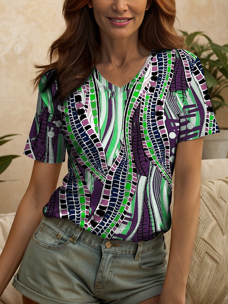 Femmes T-shirt Graphique Géométrique Abstrait ancien Élégant Classique Manche Courte Col en V Hauts Réguliers Quotidien Sortir Week-end Imprimé Jaune Rouge Bleu Vert Été Printemps de 2025 ? $19.99 –P4