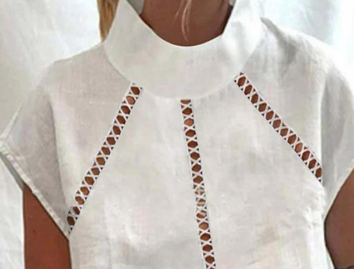 Wnętrz kobiece bawełniane len/leniakuyente jednolity kolor bohemia codzienne stylowe długie rękawki kołnierz regularne felszok codzienne wakacyjne wyjściowe patchwork biały lato tavasz 2025 - $23.99 –P2