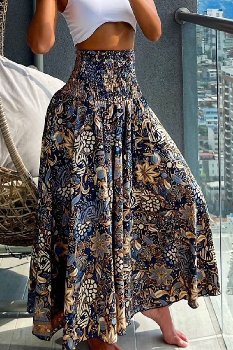 Mulheres Saia Bohemia Casual Boho Longo Cintura Média Saias Floral Imprimir Micro-Elástica Férias Rua Azul marinho Amêndoa Vermelho Azul Verão Poliéster de 2025 por $20.99 –P1