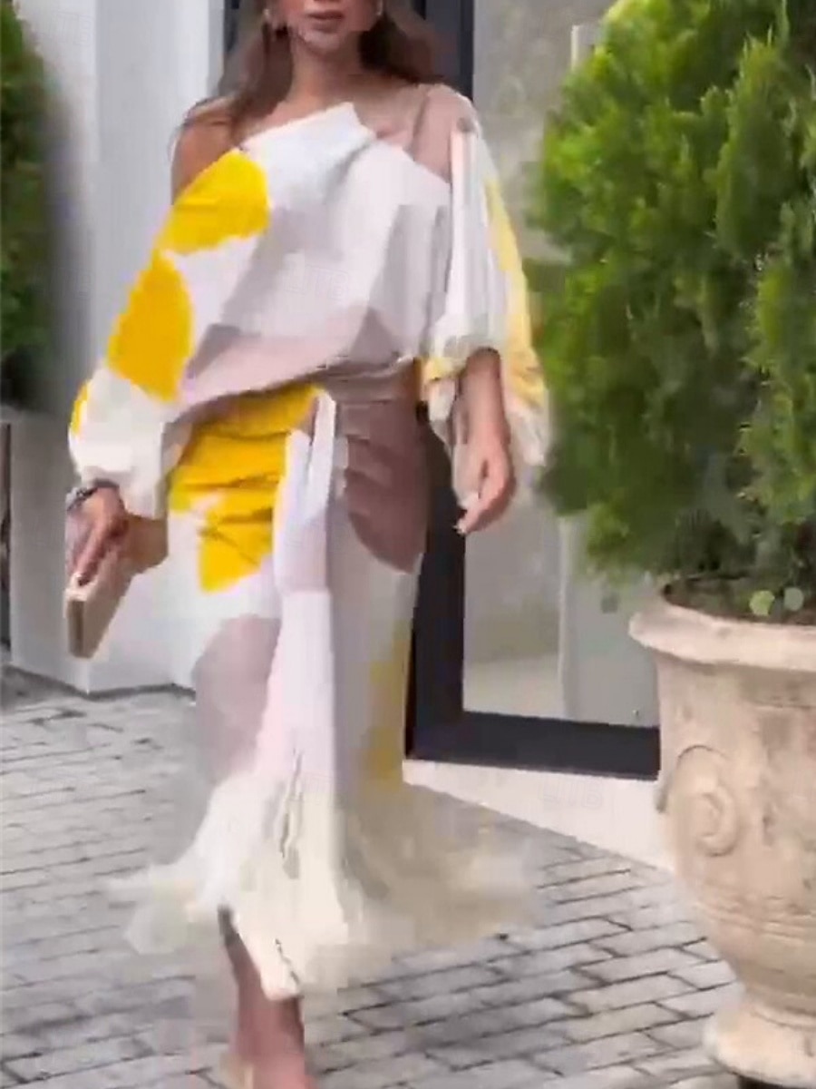 Femmes Robe Ensemble Robe Portefeuille Robe à épaules dénudées Occasionnel Bloc de Couleur Froncé Imprimé Robe Midi Manche 3/4 Une Épaule Extérieur Quotidien Jaune Rose dragée Été Printemps Coupe de 2025 ? $46.99 –P2