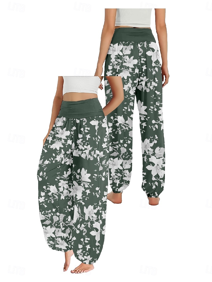 Dam Linneinspirerade byxor Brett skaft Byxor Etnisk Stil Ledigt Boho Fullängd Hög midja Blommig Ficka Elastisk midja Tryck Mateial som andas Mjuk Microelastisk Utomhus Yoga Svart Rosa Marinblå Blå 2025 - $21.99 –P6