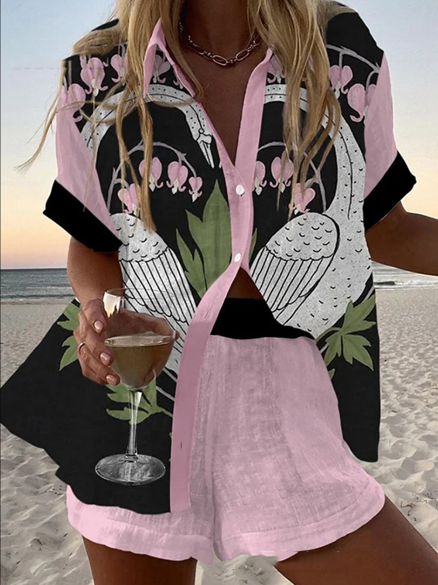 Women's 2 Pieces Fashion Streetwear Daily Shorts Sets Short Sleeve Shirt Collar Floral Graphic Print Vacation Casual Daily Yellow Pink Red Summer Regular Fit 2026 - $44.99 –P2