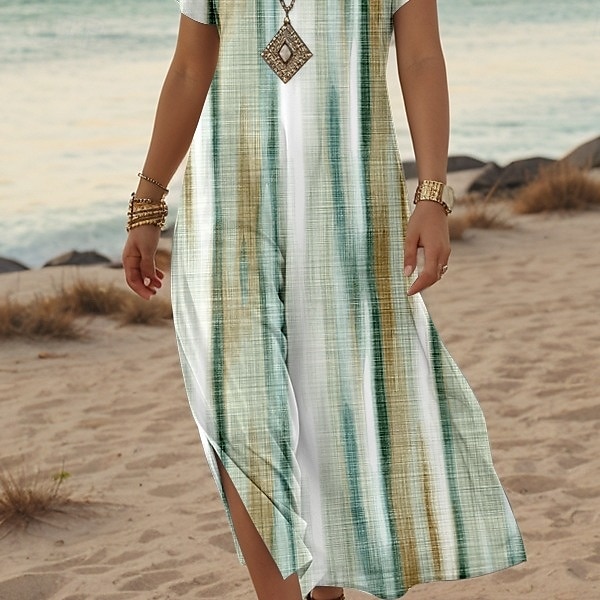 Femmes Robe Midi Robe d'Été Robe trapèze Robe d'été Vacances Occasionnel Quotidien Coupe régulière Graphique Rayé Abstrait Manche Courte Col en V Vert Été Printemps de 2025 ? $28.99 –P3