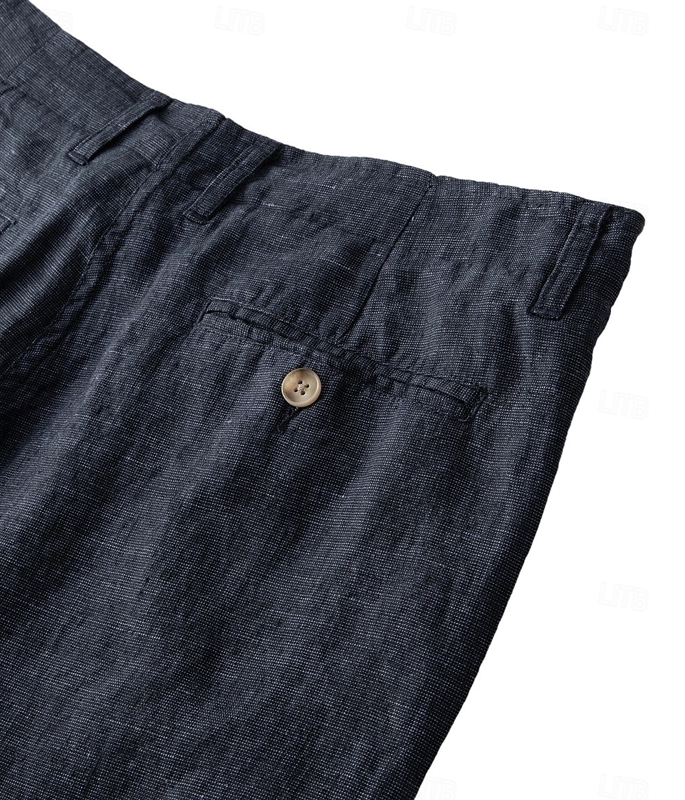 Shorts masculino 100% linho liso na altura do joelho, para escritório, uso diário, férias, estilo étnico, azul escuro, inelástico de 2025 por $44.99 –P6