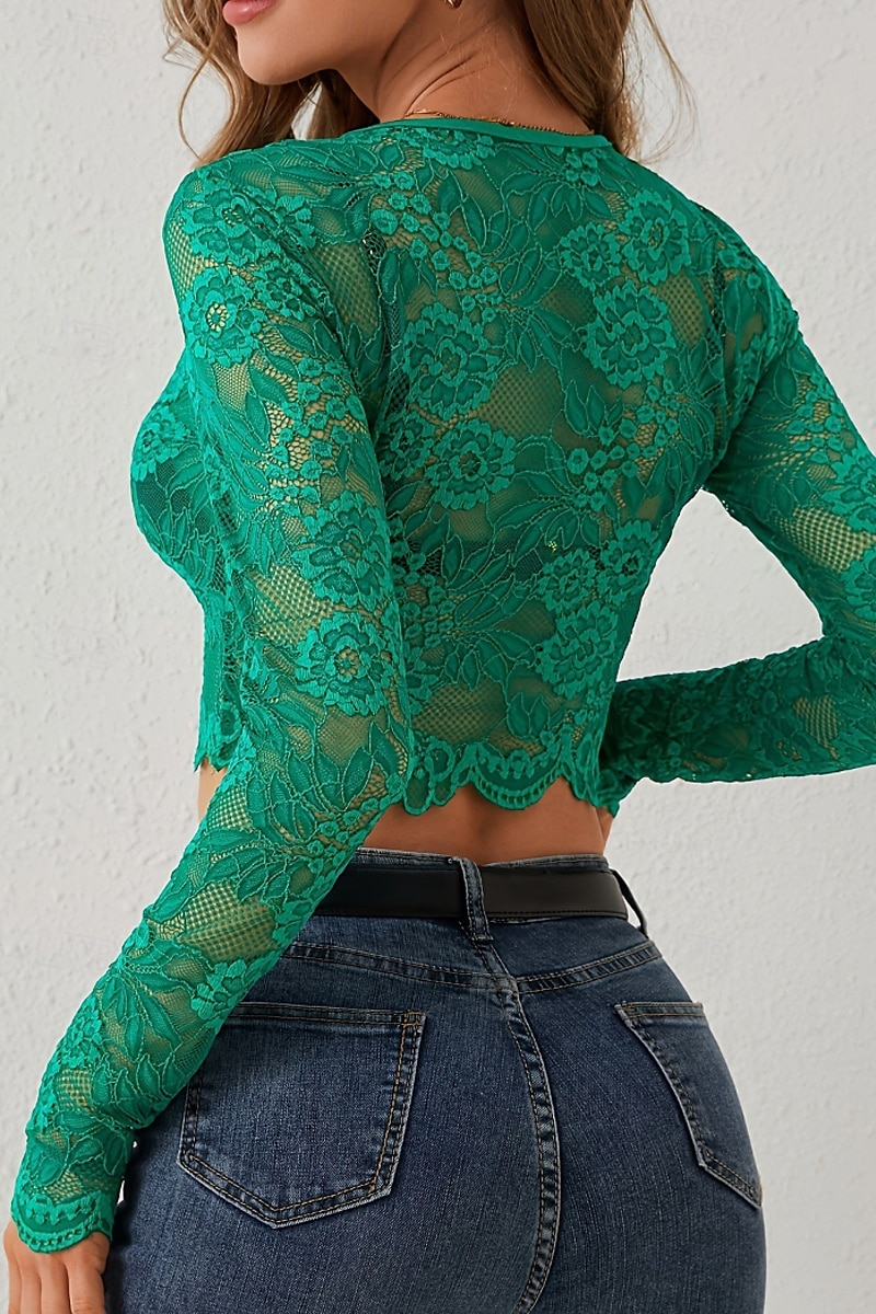 Női Blúz Csipke felsők Sima Elegáns Stílusos Hosszú ujj Terített nyak Crop Tops Napi Alkalmi Csipke Fehér Lóhere Nyár 2025 - $17.99 –P10