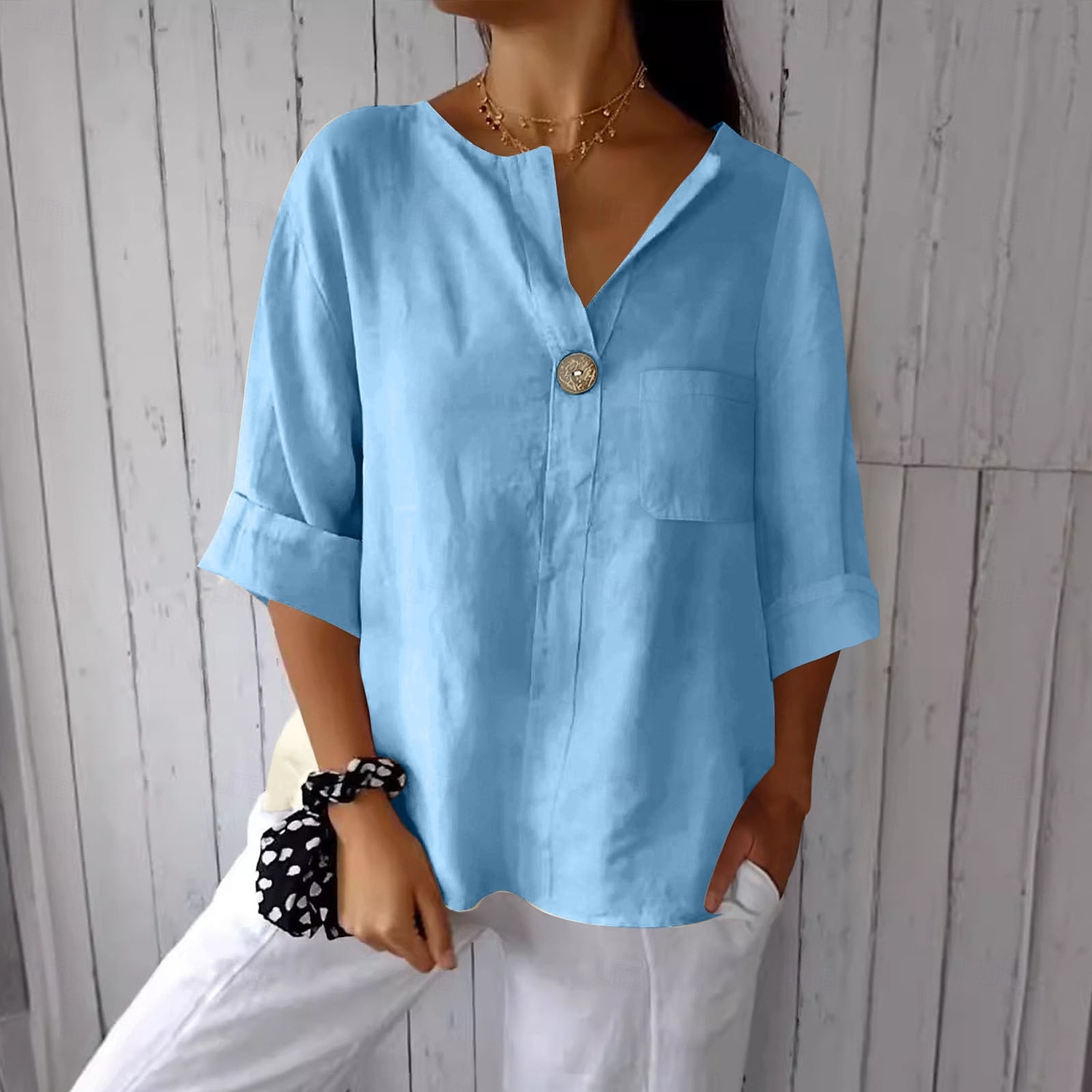 Women's Cotton Linen Blouse Solid Color Elegant Stylish Casual 3/4 Length Sleeve V Neck Regular Tops Daily Holiday Buttons Black White Pink Blue Beige Summer Spring 2025 - $17.99 –P4