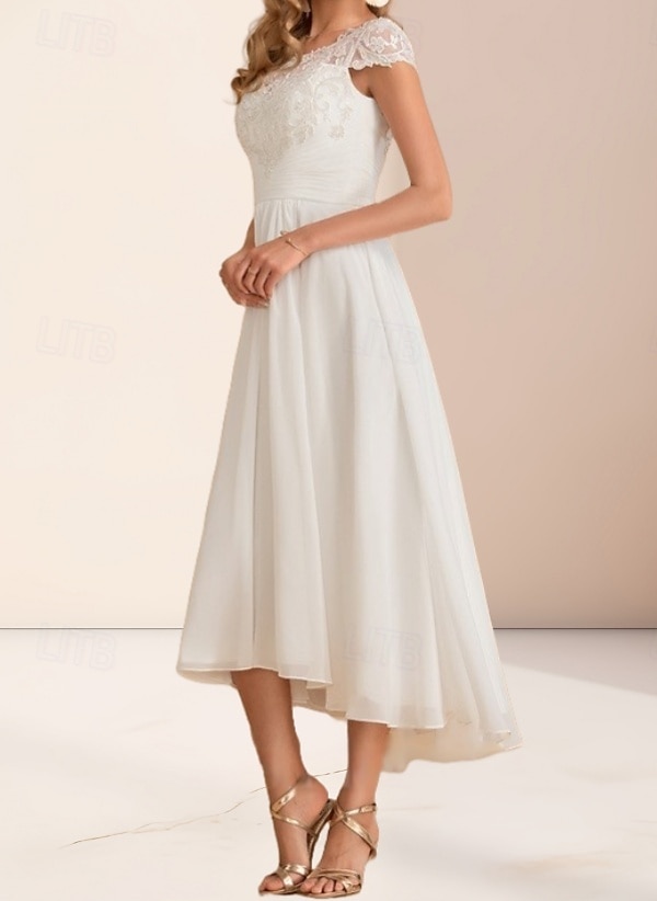 Engagement Little White Dresses Wedding Dresses A-Line Boat Neck Regular Straps Asymmetrical Chiffon Bridal Gowns With Pleats Ruched 2025 - $149.99 –P4