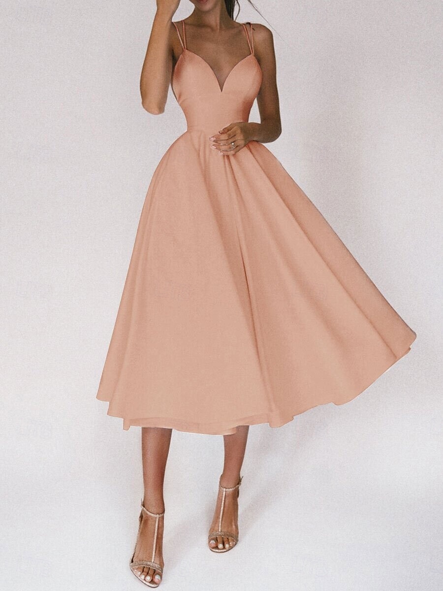 Hochzeitskleider A-Linie V Ausschnitt Ärmellos Tee-Länge Satin Brautkleider Mit Einfarbig 2025 2025 - $79.99 –P14