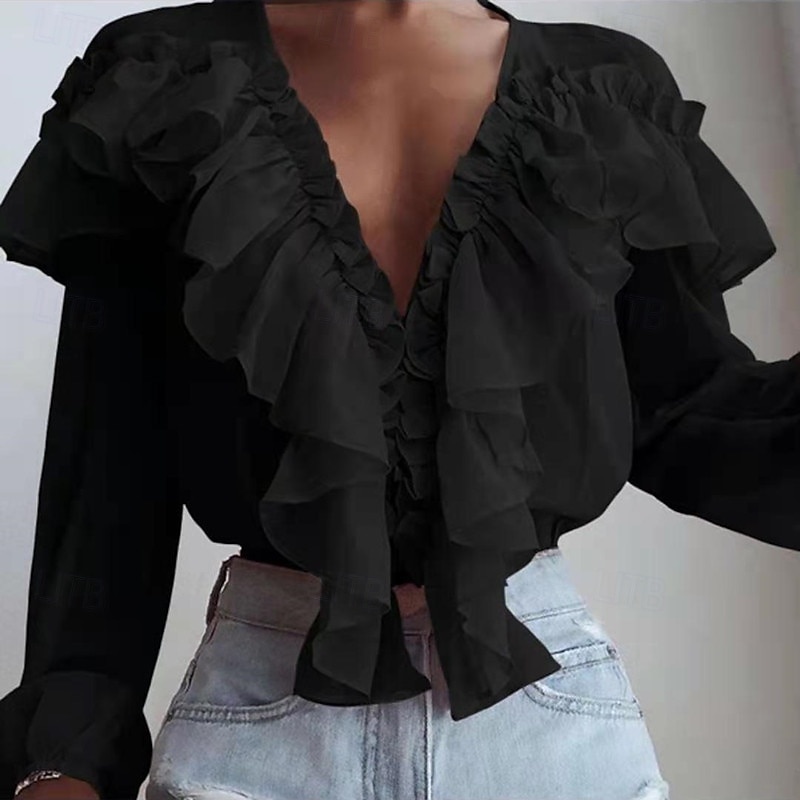 Camicia da Donna Blusa Bottone Colore Solido Fiorita Piana Stile Casual a Maniche Lunghe V Collo Top Regolari Quotidiani Rouches Nero Bianco Rosa Blu Estate Primavera del 2025 a $19.99 –P5