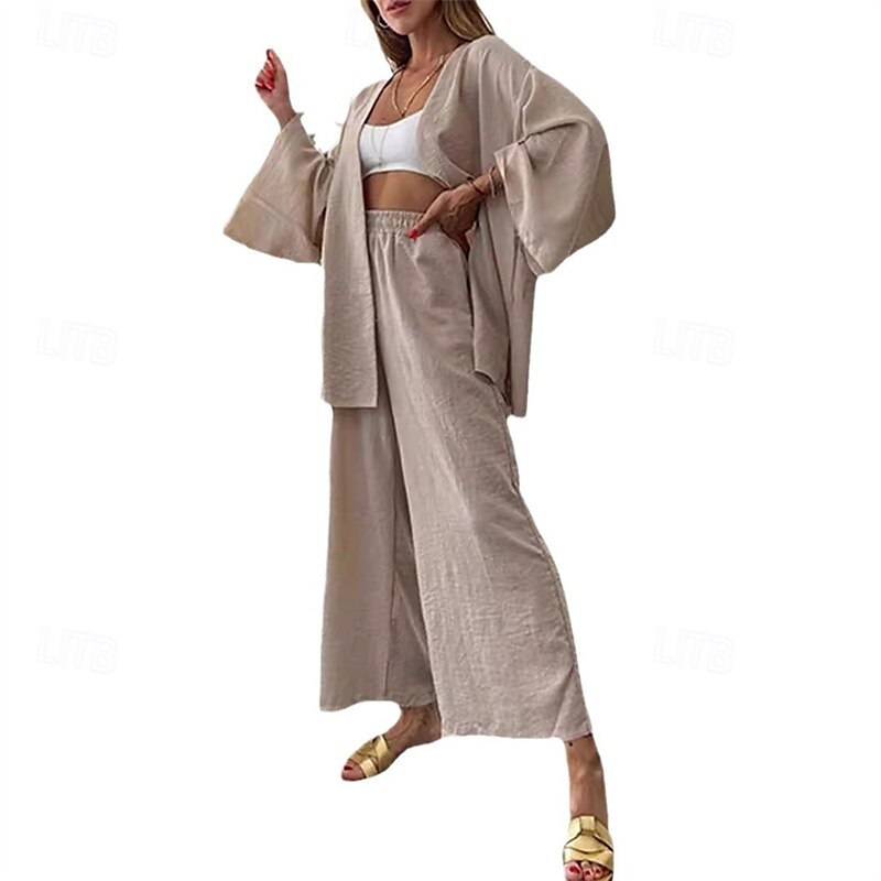 Femmes Mode Streetwear Ensembles en coton et lin Ensembles deux pièces Ensembles de Pantalons Manche Courte Col en V Uni Tenue quotidienne Date Noir Vert Kaki Été Coupe régulière de 2025 ? $37.99 –P3