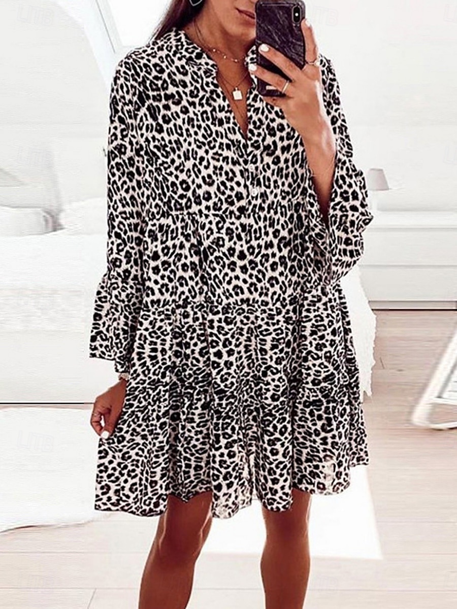 Dam Mini klänning Volangkjol Ledigt Utomhus Utekväll Lös passning Grafisk Leopard 3/4 ärm V-hals Svart Vit Rodnande Rosa Blå Sommar 2025 - $31.99 –P11