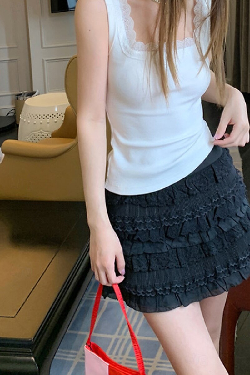 Women's Blouse Lace Tops Plain Modern Sleeveless Square Neck Regular Tops Holiday Going out Lace Black White Summer 2025 - $21.99 –P5