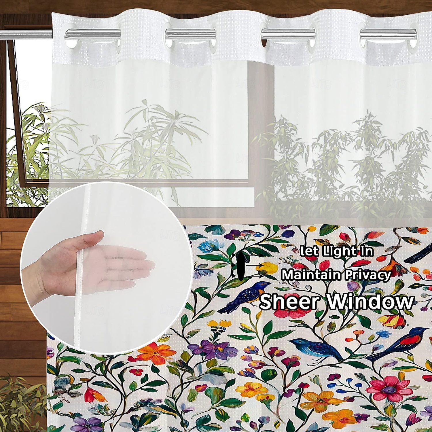 Κουρτίνα Ντους Χωρίς Γάντζους 180cm*180cm(70"*70") με Ενσωματωμένο Κέλυφος Πολυεστέρα Διαφανές Παράθυρο Αδιάβροχη Διπλή Κουρτίνα Μπάνιου με Λουλούδια και Πουλιά 2025 - $41.99 –P9