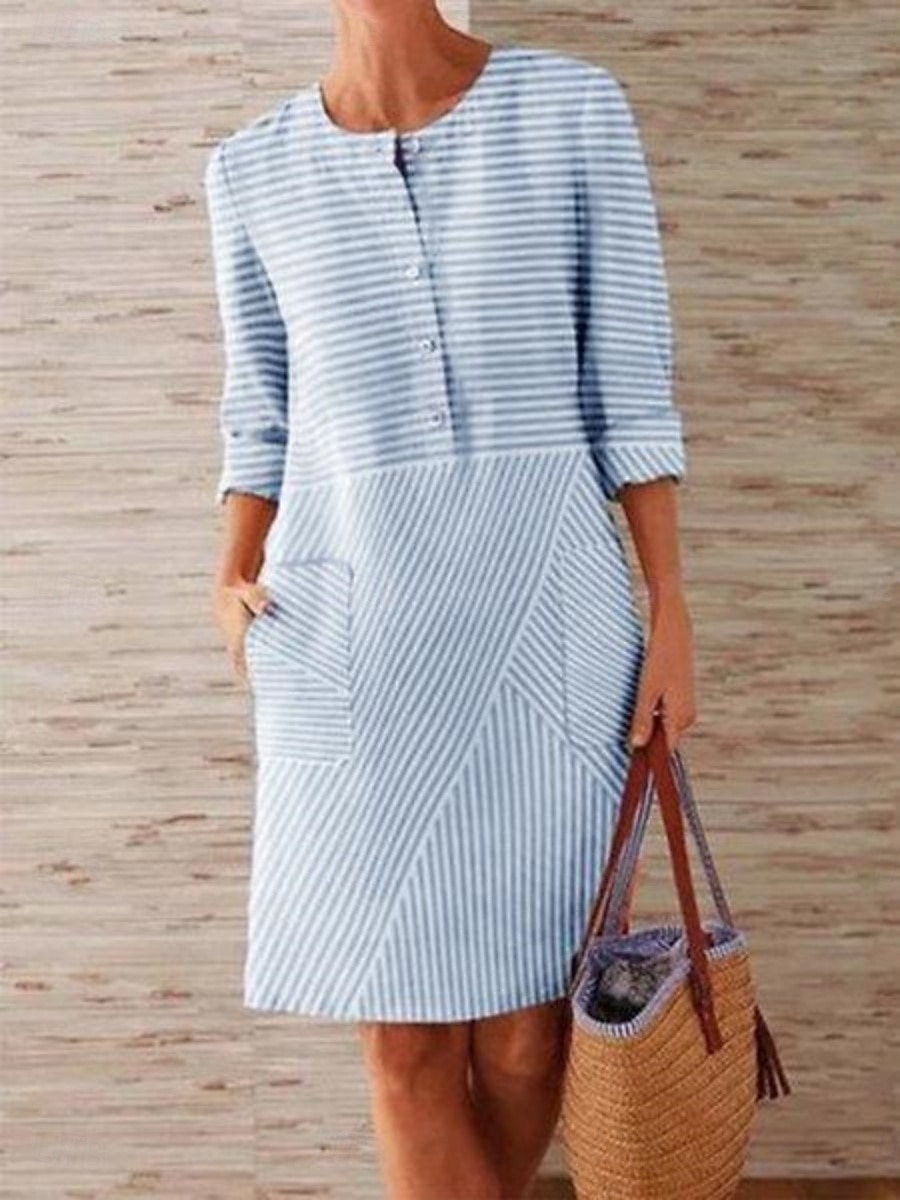 Women's Mini Dress Summer Dress Casual Daily Regular Fit Graphic Striped Long Sleeve Crew Neck Light Green Sky Blue Gray Summer 2025 - $26.99 –P5