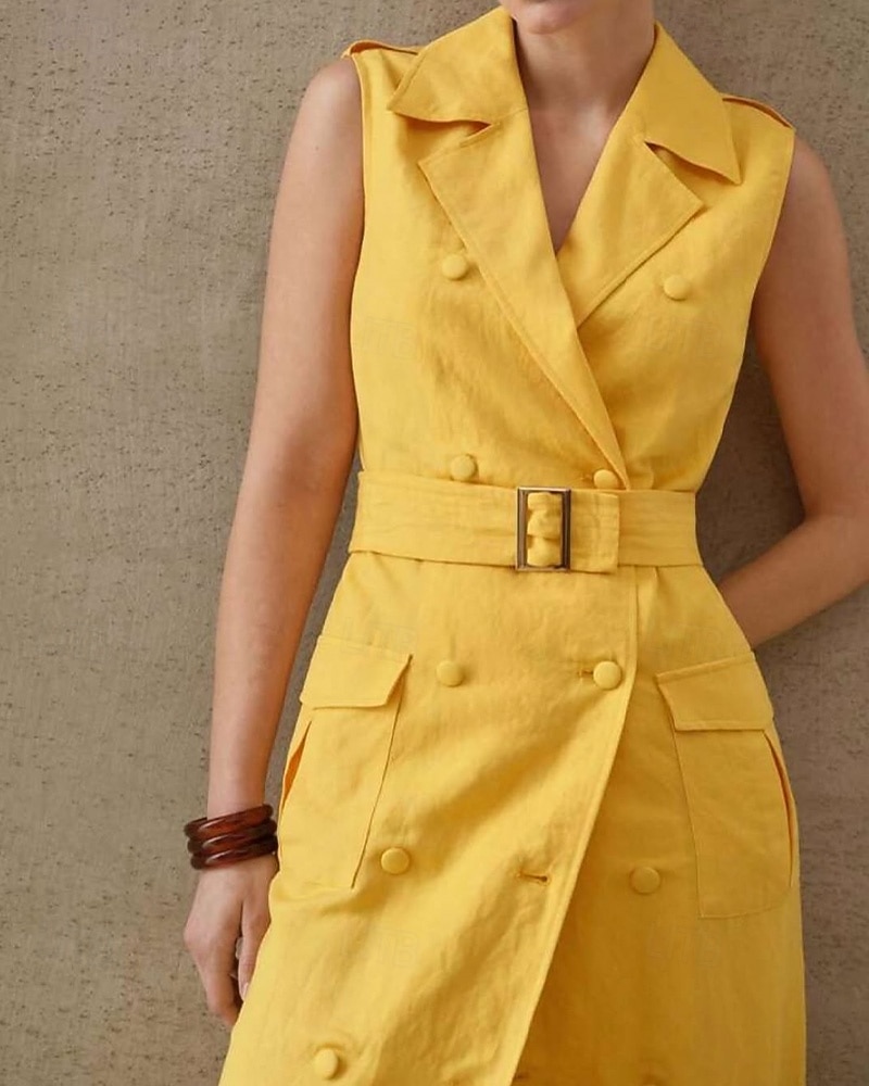 Linen Cotton Blended Cocktail Dresses Elegant Dress Semi Formal Wedding  Guest Dress Ankle Length Sleeveless V Neck Tuxedo Dress with Covered  Buttons Pockets 2026 - CHF120